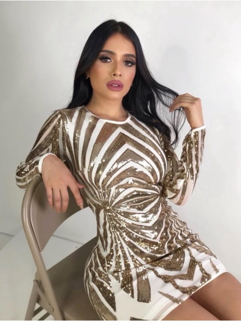 Windsor Gold and White Sequin Twist-Front Mini Dress